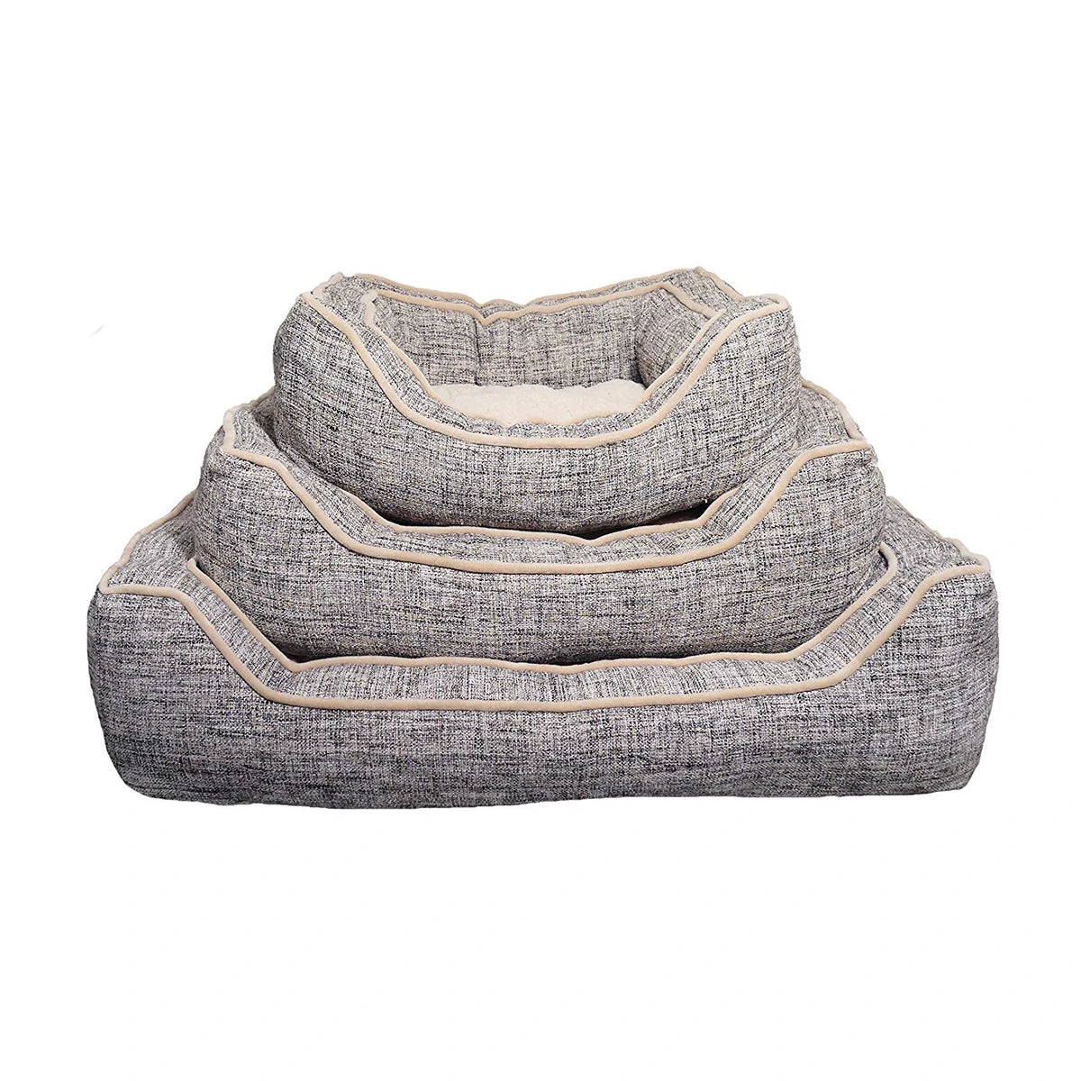 Three Rosewood Luxury Slate & Oatmeal Square Dog Beds stacked together to show Small, Medium and Large sizes, with textured slate canvas and oatmeal piping.