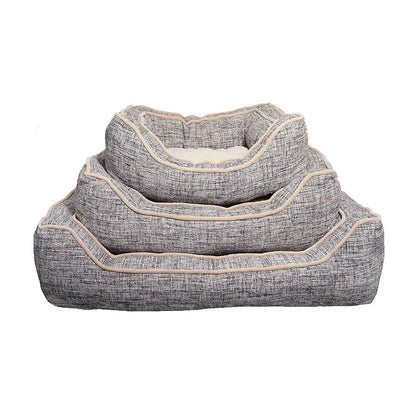 Three Rosewood Luxury Slate & Oatmeal Square Dog Beds stacked together to show Small, Medium and Large sizes, with textured slate canvas and oatmeal piping.