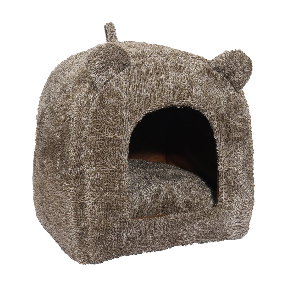 Brown Rosewood Luxury Teddy Bear Cat Cave Bed shown at an angle on a white background