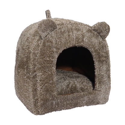 Brown Rosewood Luxury Teddy Bear Cat Cave Bed shown at an angle on a white background