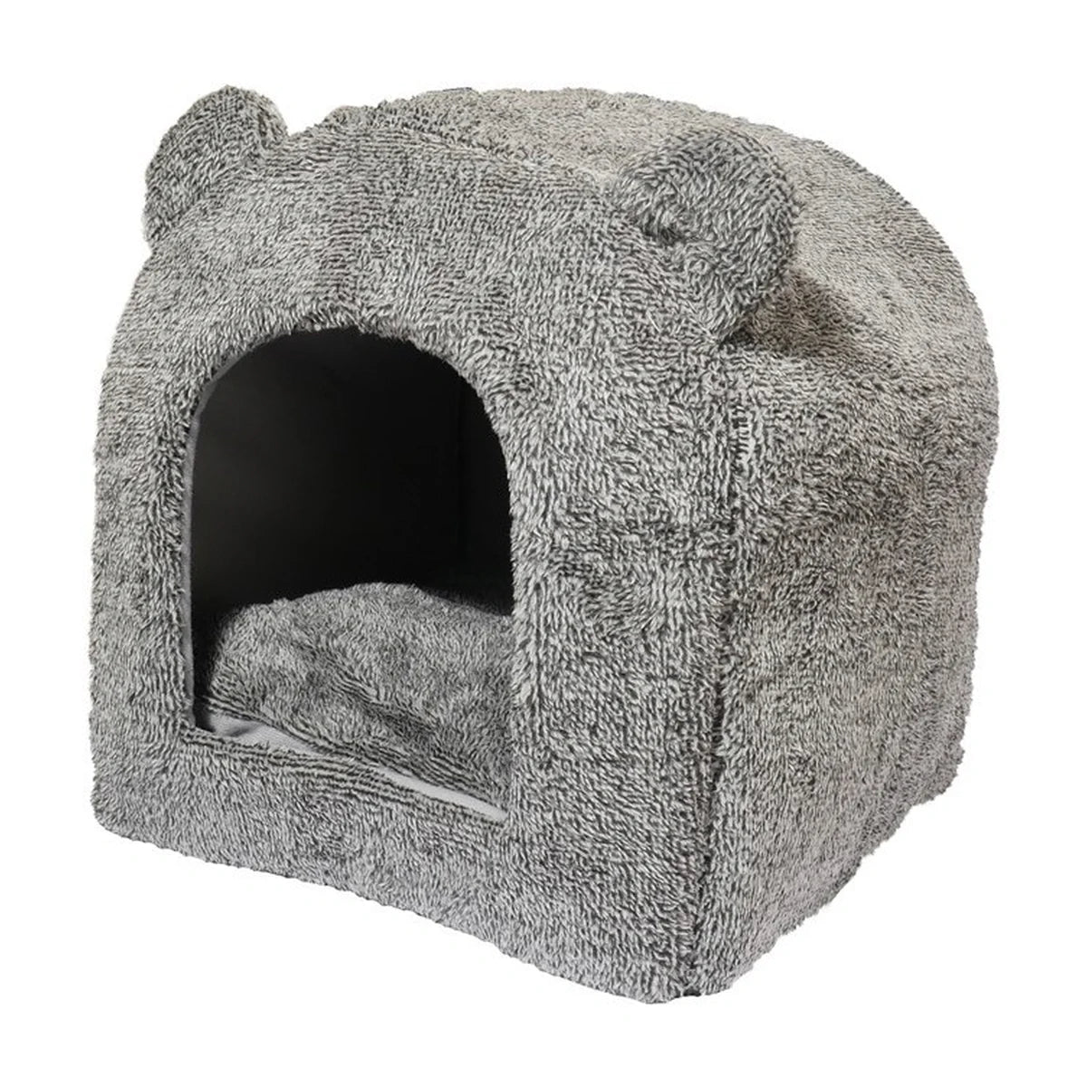 Grey Rosewood Luxury Teddy Bear Cat Cave Bed shown at an angle on a white background