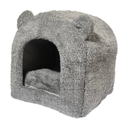 Grey Rosewood Luxury Teddy Bear Cat Cave Bed shown at an angle on a white background