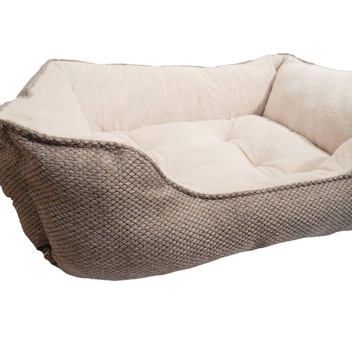 Close-up of Rosewood Luxury Truffle Square Dog Bed showing the woven truffle-coloured outer fabric and soft cream teddy bear fleece lining.