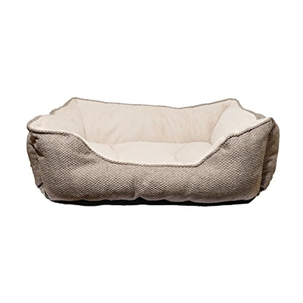 Front view of Rosewood Luxury Truffle Square Dog Bed featuring a soft cream teddy bear fleece interior and thick truffle-coloured cushioned sides.