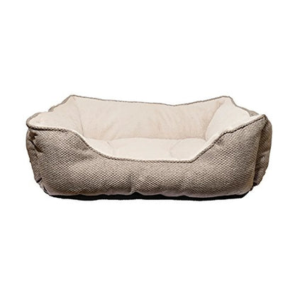 Front view of Rosewood Luxury Truffle Square Dog Bed featuring a soft cream teddy bear fleece interior and thick truffle-coloured cushioned sides.