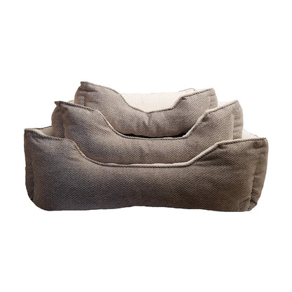 Three Rosewood Luxury Truffle Square Dog Beds stacked together, displaying the textured neutral truffle fabric and cushioned design.
