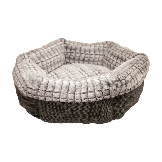 Grey Rosewood Luxury Tweed and Plush Round Pet Bed with a soft raised inner on a white background