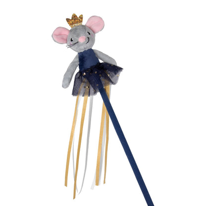 Angled view of Rosewood Marie Mouse interactive cat teaser wand showing the crowned grey mouse in a navy and gold tutu with long decorative ribbons.