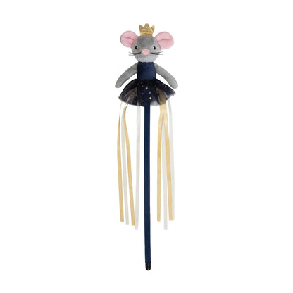 Rosewood Marie Mouse Christmas cat teaser wand featuring a grey ballerina mouse with pink ears, gold crown, navy blue tutu and flowing gold and white ribbons on a white background.