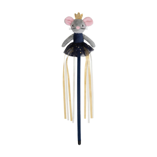 Rosewood Marie Mouse Christmas cat teaser wand featuring a grey ballerina mouse with pink ears, gold crown, navy blue tutu and flowing gold and white ribbons on a white background.