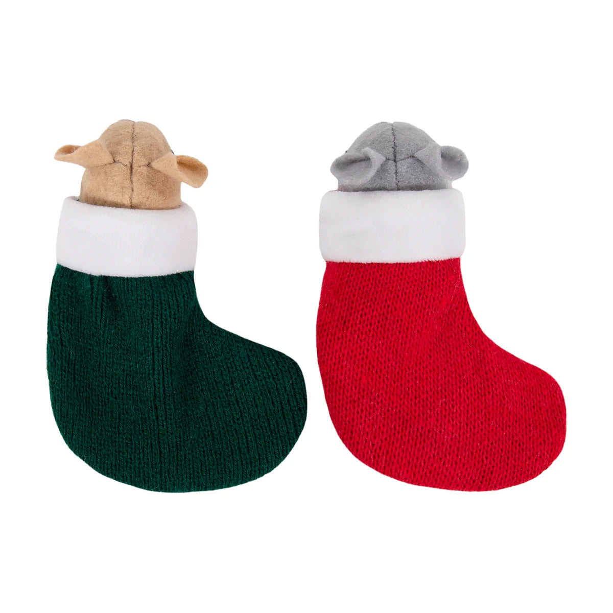 Back view of Rosewood Martha & Mayor Mice Duo Christmas cat toys showing the green and red knitted stockings with white cuffs and plush mouse heads.
