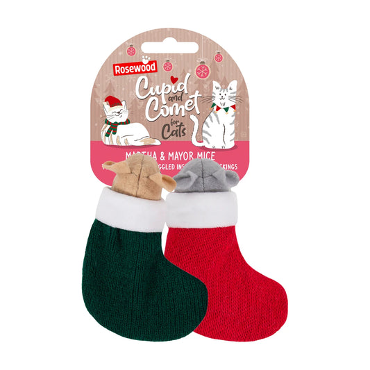 Rosewood Martha & Mayor Mice Duo Christmas catnip toys in red and green knitted stockings, displayed in Cupid & Comet festive retail packaging.