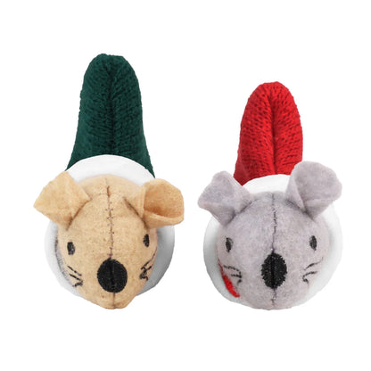 Close-up of Rosewood Martha & Mayor Mice Duo plush cat toys showing a beige mouse in a green Christmas stocking and grey mouse in a red stocking.