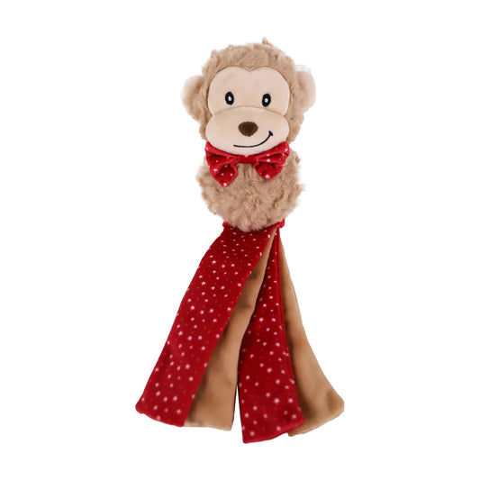 Rosewood Max Monkey Christmas plush dog toy with brown monkey head, red bow, long festive tassels and hidden squeaker