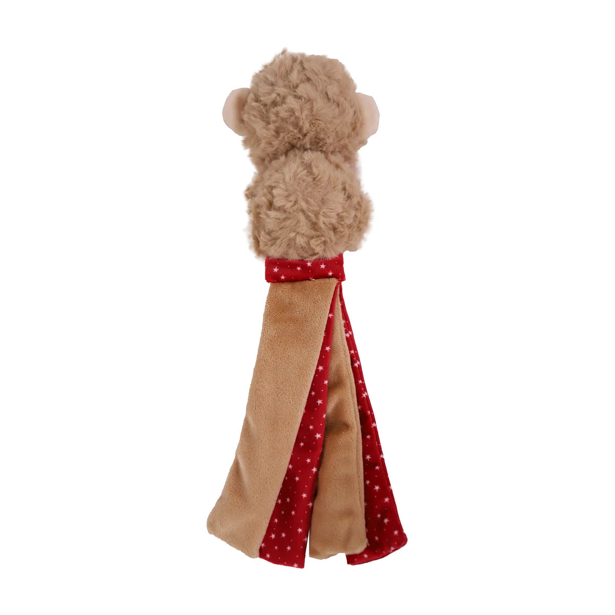 Rear view of Rosewood Max Monkey plush dog toy showing soft brown fabric and long red-and-tan Christmas tassels