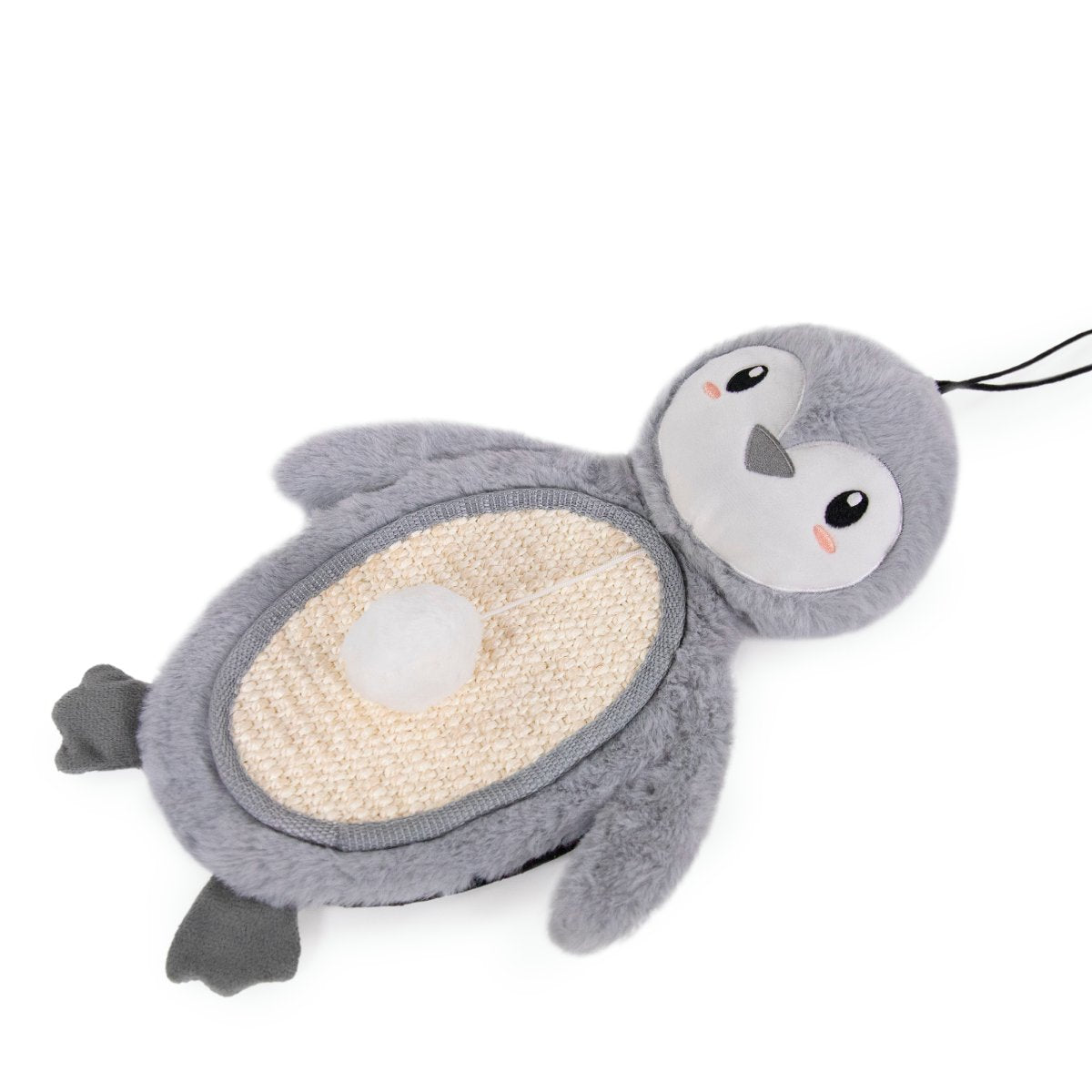 Angled view of Rosewood Mr Poppy Penguin grey plush cat scratcher mat showing its penguin-shaped body, cream scratching surface and attached white ball.