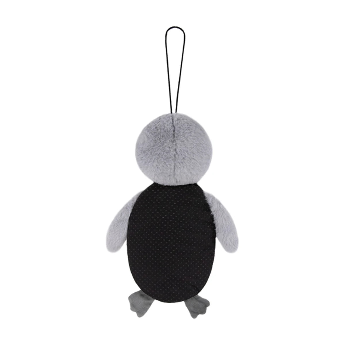 Back view of Rosewood Mr Poppy Penguin cat scratcher mat showing grey plush head, flippers and feet, black fabric underside and hanging loop.