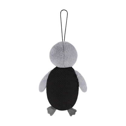 Back view of Rosewood Mr Poppy Penguin cat scratcher mat showing grey plush head, flippers and feet, black fabric underside and hanging loop.