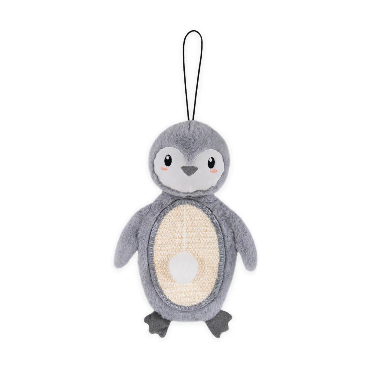 Rosewood Mr Poppy Penguin Christmas cat scratcher mat front view, showing a grey plush penguin with cream textured scratching tummy and attached white catnip ball.