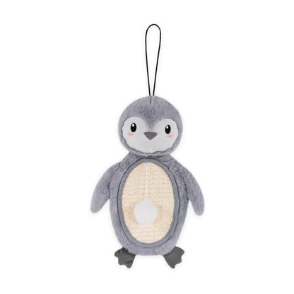 Rosewood Mr Poppy Penguin Christmas cat scratcher mat front view, showing a grey plush penguin with cream textured scratching tummy and attached white catnip ball.