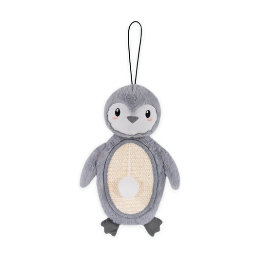 Rosewood Mr Poppy Penguin Christmas cat scratcher mat front view, showing a grey plush penguin with cream textured scratching tummy and attached white catnip ball.