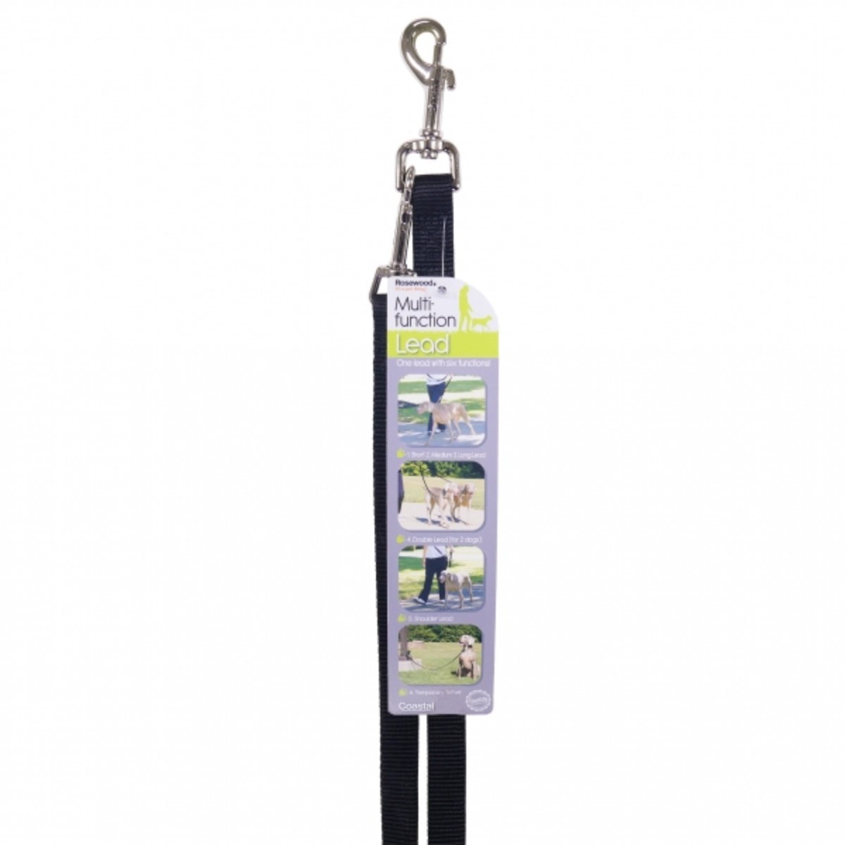 Rosewood Multi-Function Nylon Dog Lead packaging showing multiple uses