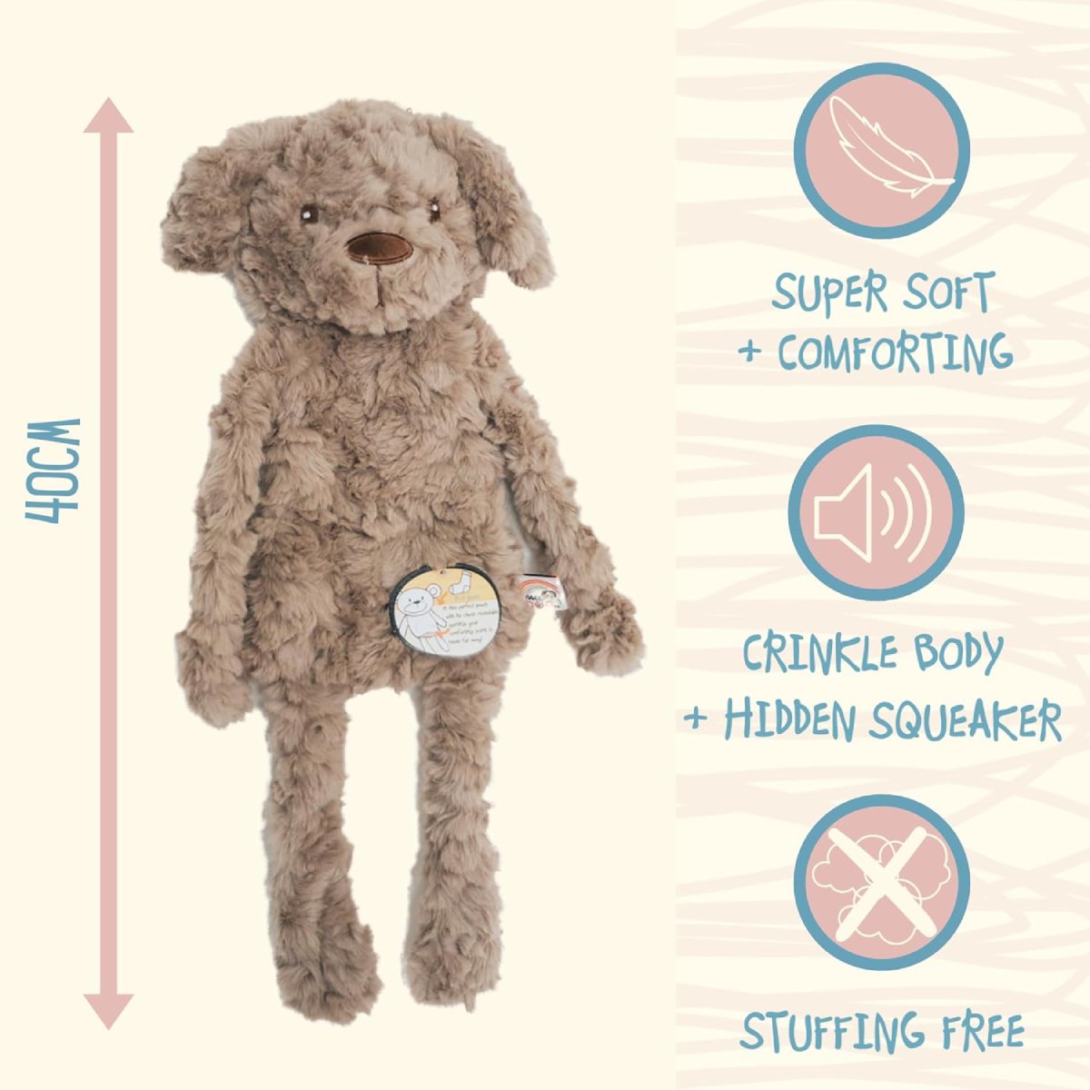 Rosewood My Dog Dog 40 cm plush toy showing soft design, crinkle body, hidden squeaker and stuffing-free construction