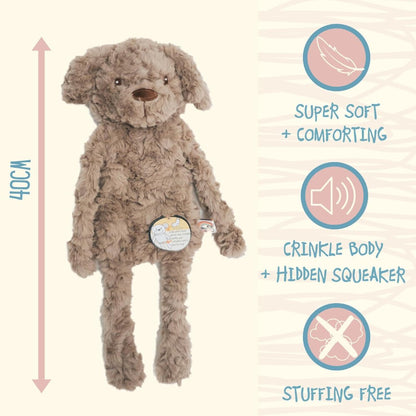 Rosewood My Dog Dog 40 cm plush toy showing soft design, crinkle body, hidden squeaker and stuffing-free construction