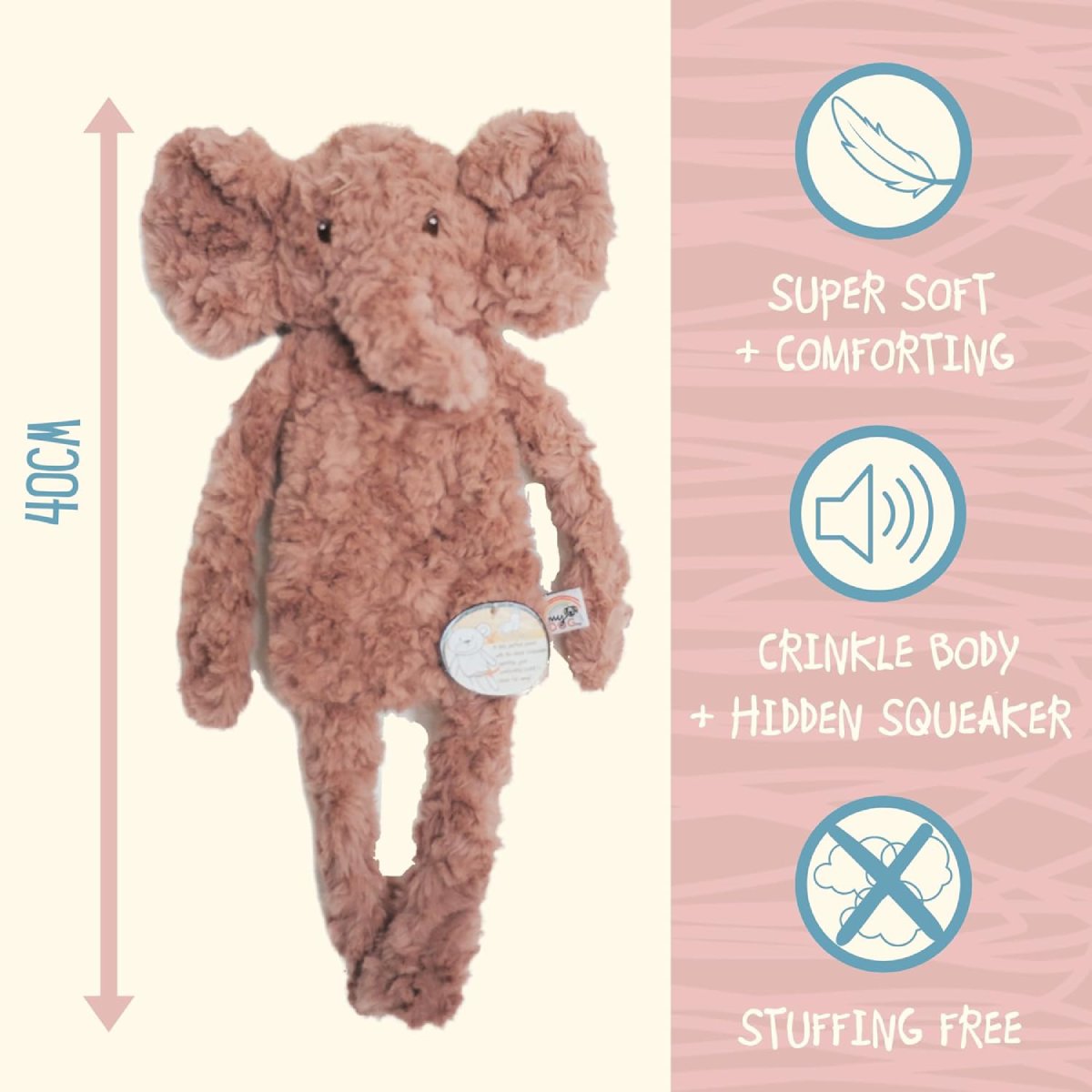 Rosewood My Dog Elephant 40cm plush dog toy showing soft stuffing-free design, crinkle body and hidden squeaker