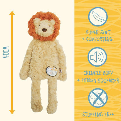 Rosewood My Dog Lion 40cm plush dog toy showing soft fabric crinkle body hidden squeaker and stuffing-free design