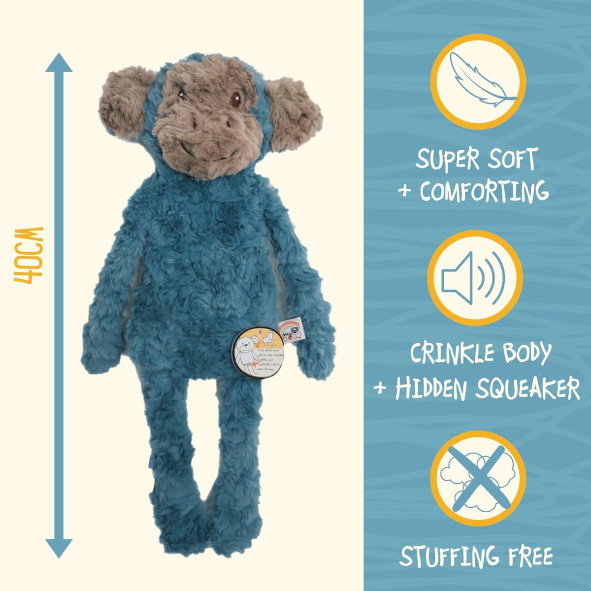 Rosewood My Dog Monkey 40cm plush dog toy showing soft fabric crinkle body hidden squeaker and stuffing-free design