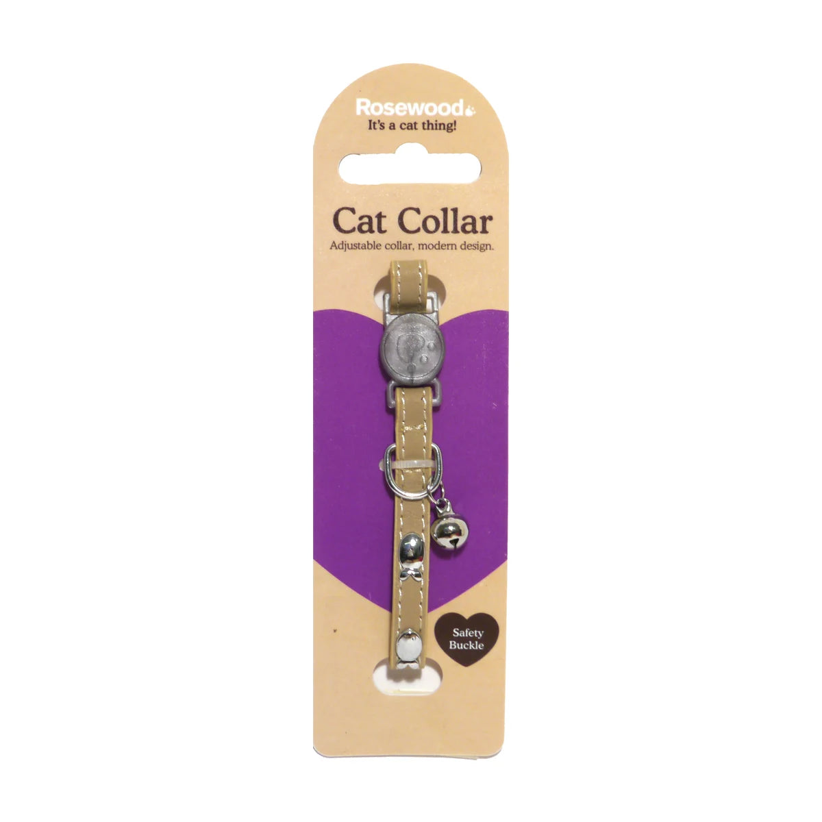 Rosewood Natural adjustable beige faux leather cat collar with silver fish details and removable bell in packaging