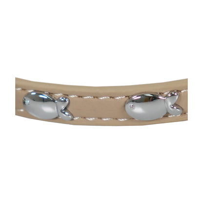 Close-up of silver fish details on the Rosewood Natural beige faux leather cat collar