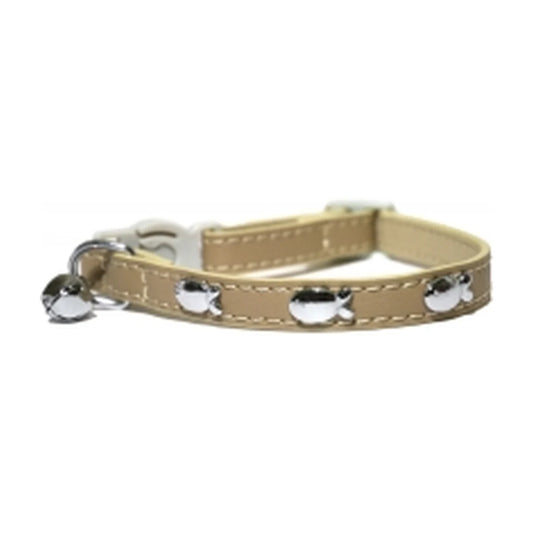 Rosewood Natural beige adjustable cat collar with silver fish details, quick-release buckle and removable bell