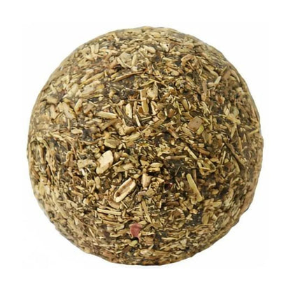 Close-up of a round Rosewood Naturals catnip ball on a white background