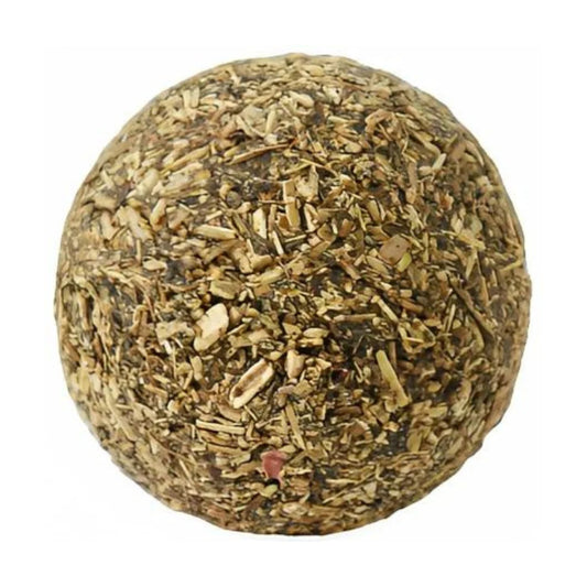 Close-up of a round Rosewood Naturals catnip ball on a white background