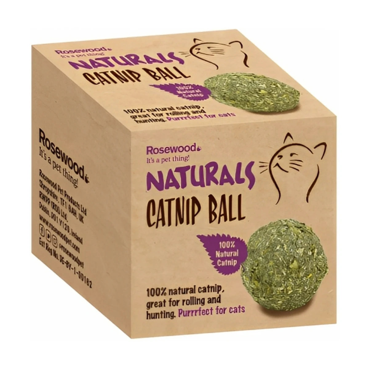 Rosewood Naturals Catnip Ball Cat Toy box shown at an angle on a white background