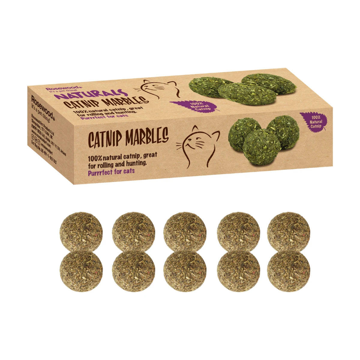 Rosewood Naturals Catnip Marbles box displayed above a row of mini catnip balls