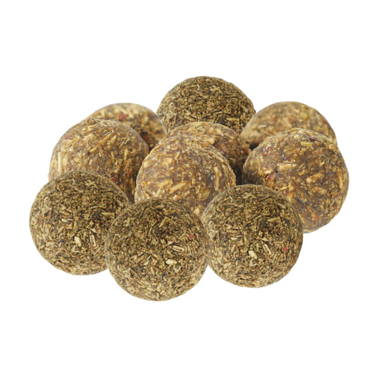 Group of Rosewood Naturals mini catnip balls arranged on a white background