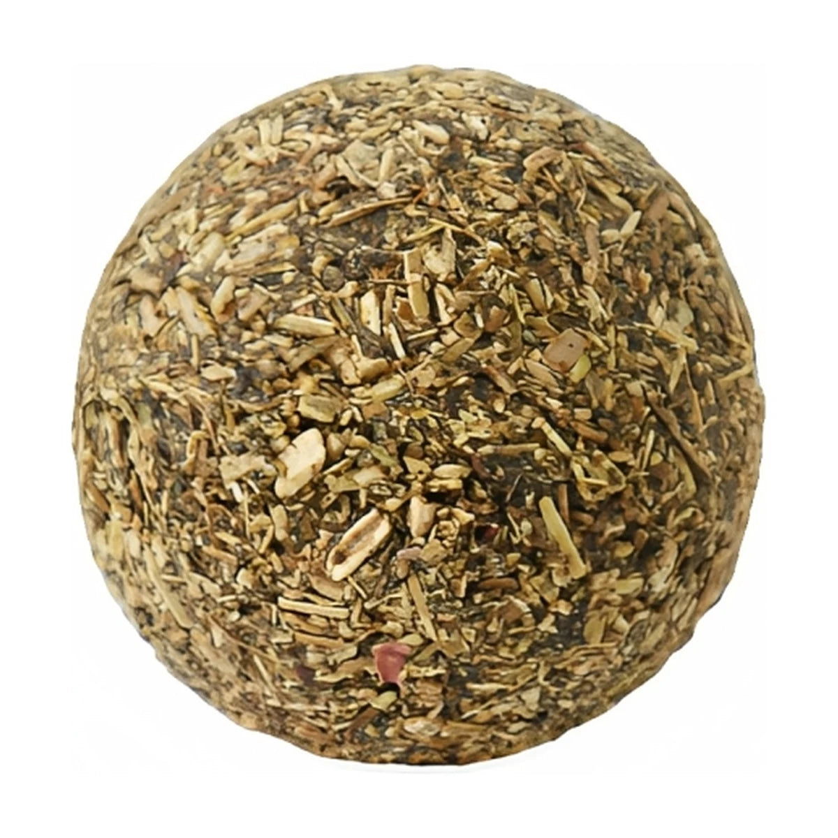 Close-up of one Rosewood Naturals mini catnip ball on a white background