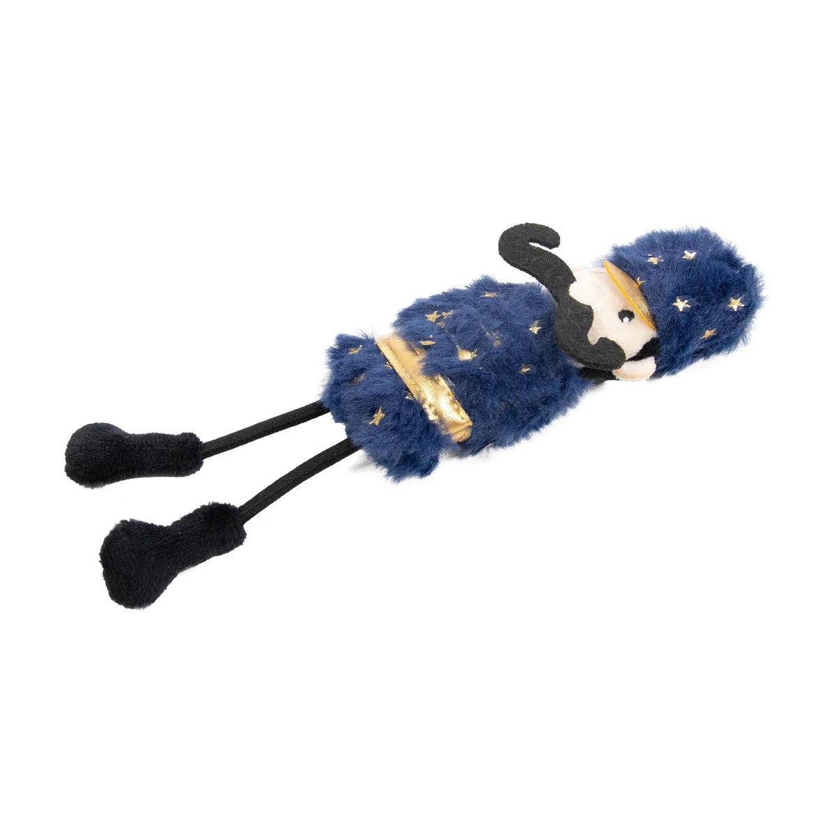 Rosewood Ned Nutcracker plush Christmas cat toy lying at an angle, showing its navy blue star-patterned outfit, gold trim, black moustache and extended legs.