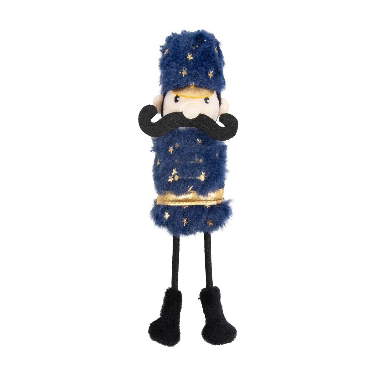 Rosewood Ned Nutcracker Christmas catnip toy front view, showing navy blue plush with gold stars, black moustache and long bungee legs on a white background.