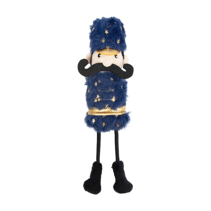 Rosewood Ned Nutcracker Christmas catnip toy front view, showing navy blue plush with gold stars, black moustache and long bungee legs on a white background.