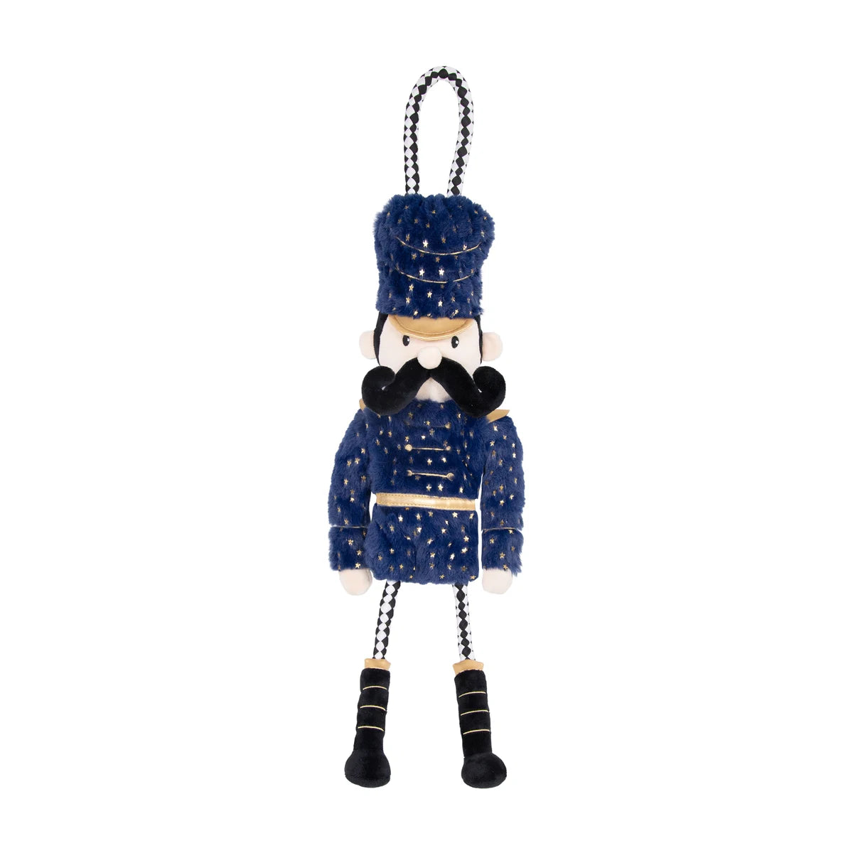 Rosewood Nermal Nutcracker 50 cm Christmas dog toy with navy plush, gold stars, braided rope handle and black boots