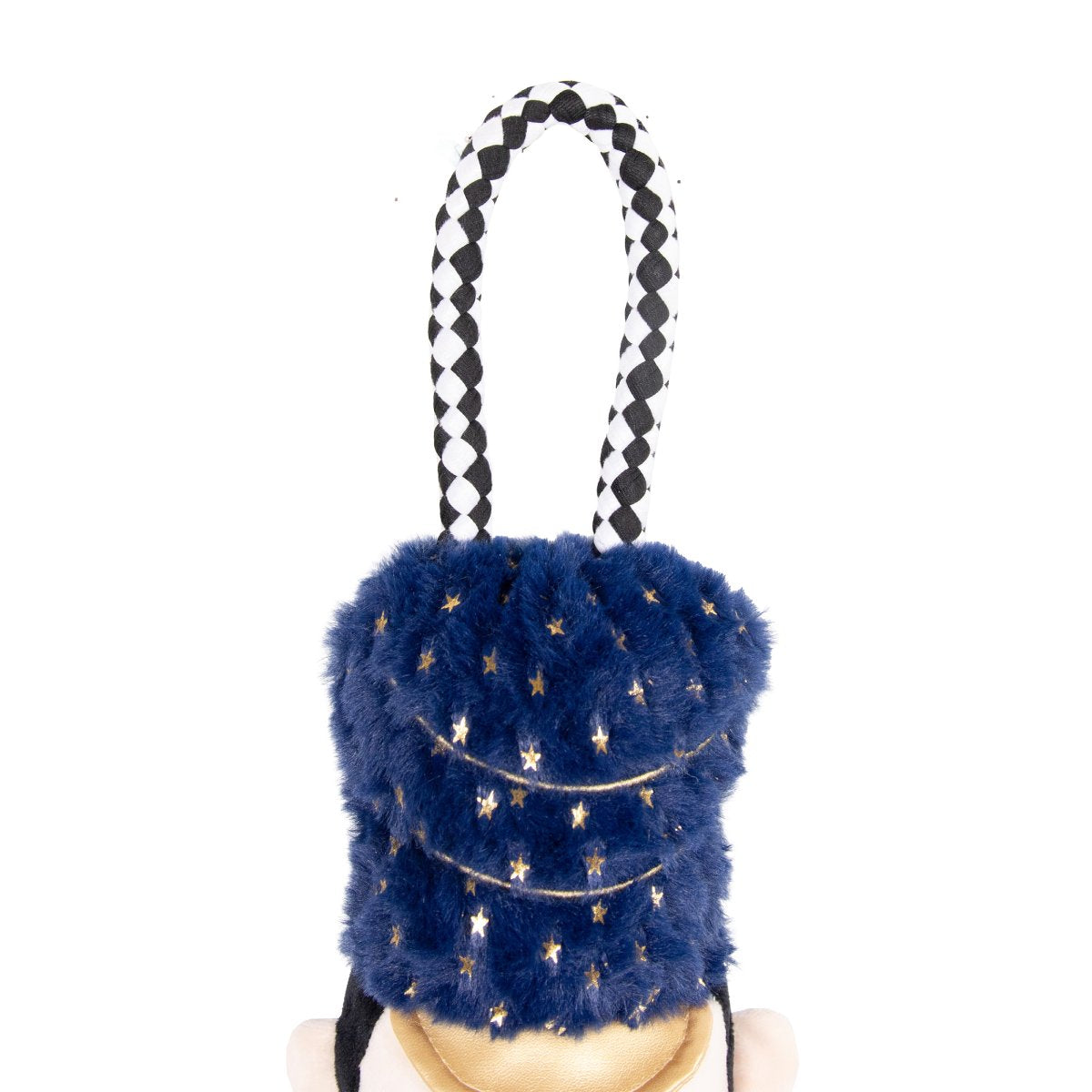 Black and white braided rope loop attached to the navy plush hat of Rosewood Nermal Nutcracker Christmas dog toy