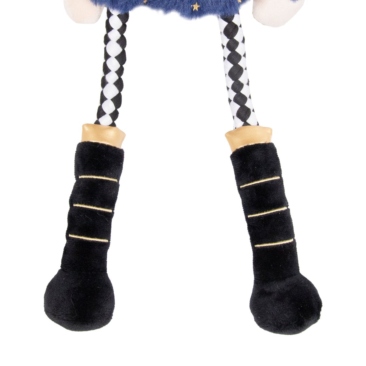Close-up of Nermal Nutcracker dog toy showing black and white braided rope legs and soft black boots with gold trim