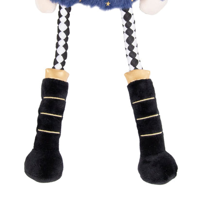 Close-up of Nermal Nutcracker dog toy showing black and white braided rope legs and soft black boots with gold trim