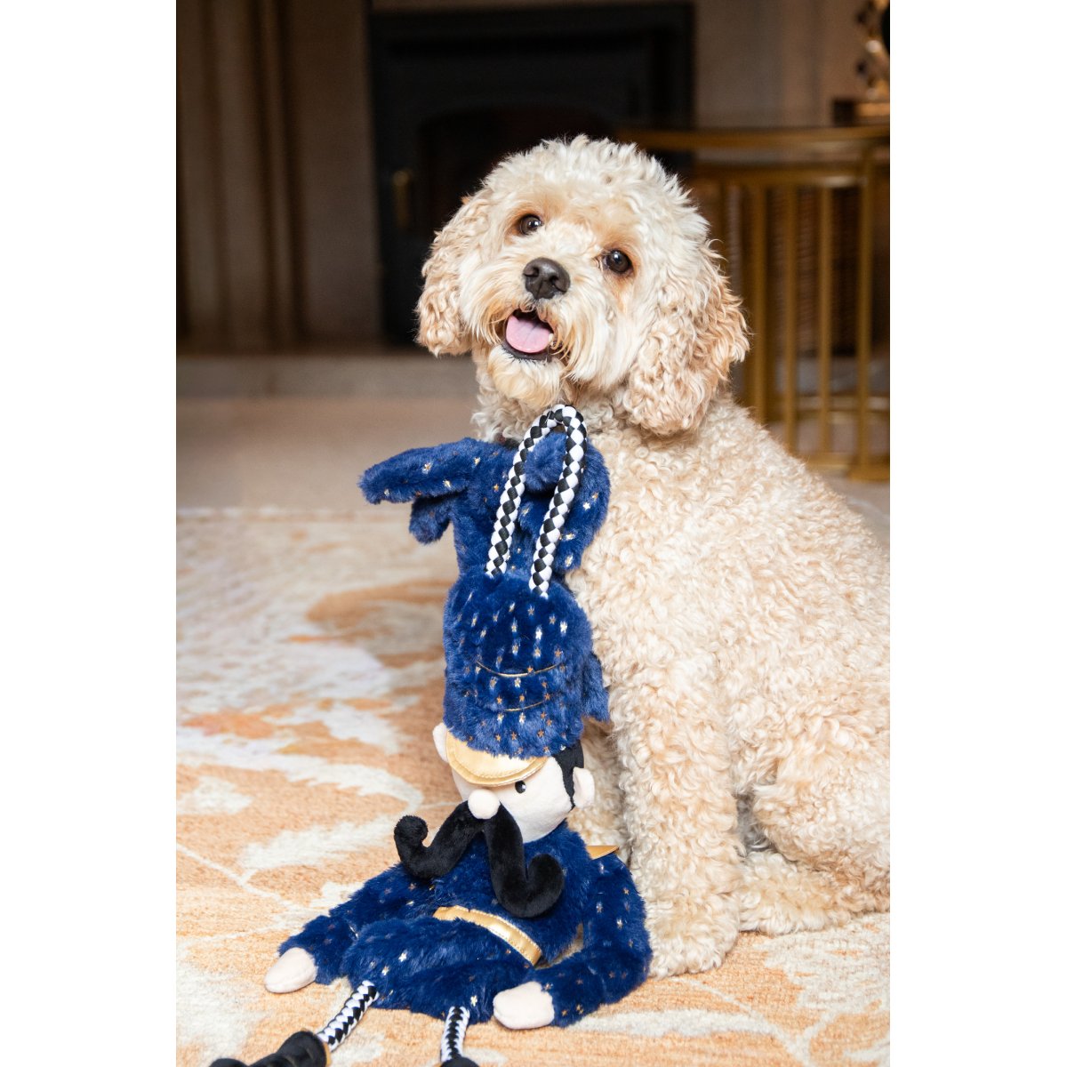 Cream curly-haired dog sitting beside the large navy Nermal Nutcracker Christmas plush toy on a patterned rug