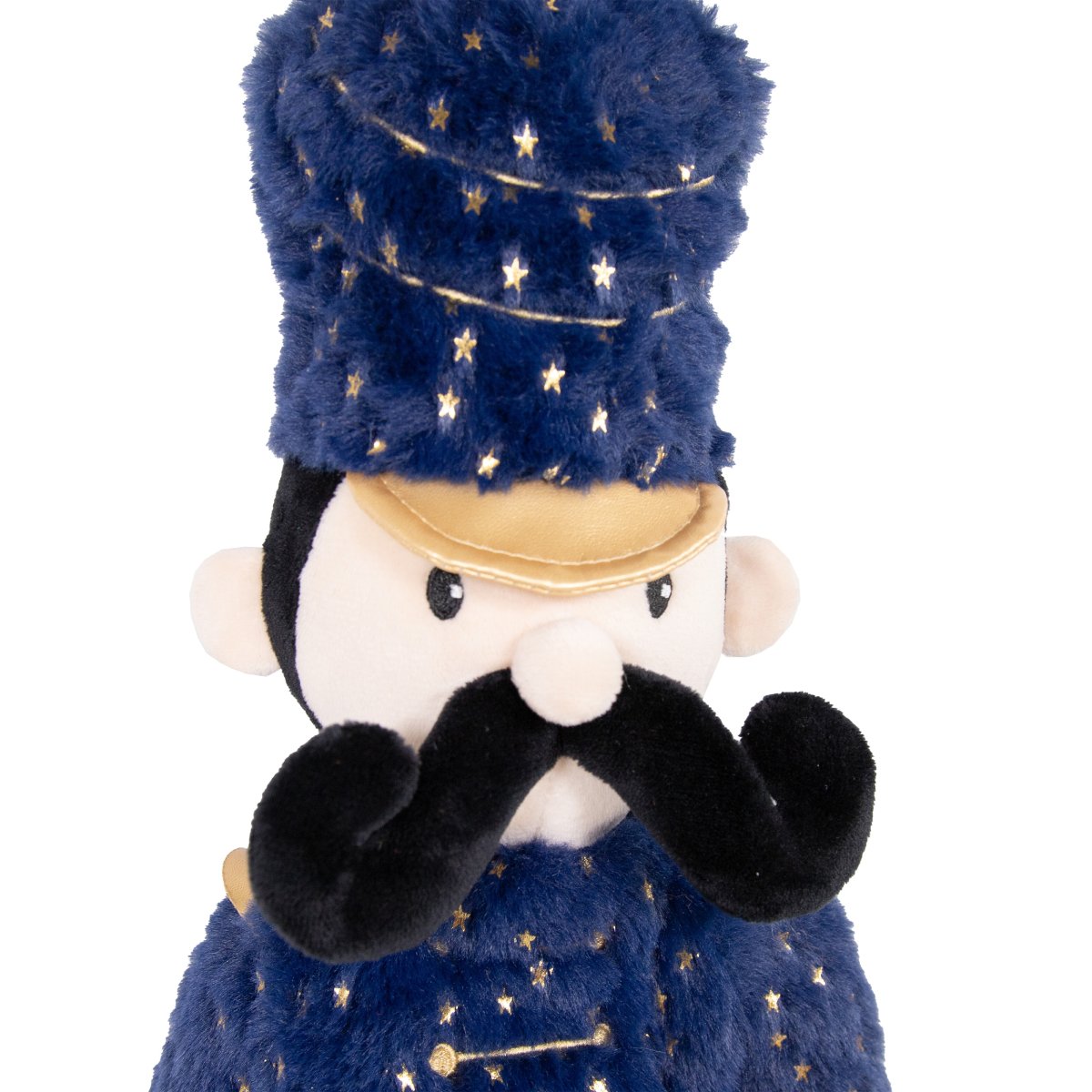 Close-up of Rosewood Nermal Nutcracker dog toy showing navy star-patterned hat, gold trim and black curled moustache