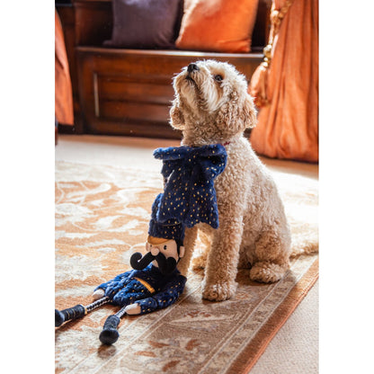 Happy cream-coloured dog sitting next to Rosewood Nermal Nutcracker dog toy showing its braided rope handle and navy plush body